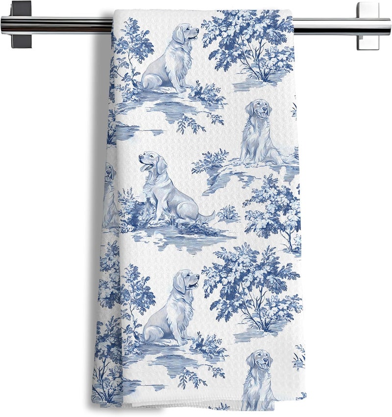 Nipil Chinoiserie Floral Golden Retriever Kitchen Towels, Blue and White Floral Golden Retriever Decorative Dish Tea Towels, Grandmillennial Botanical Dog Hand Towels for Kitchen Bathroom, 16x24 Inch - Image 1
